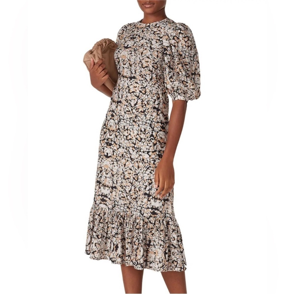 Sea New York Borealis Short Puff Sleeve High Neck Ruffle Tiered Midi Dress Sz 0